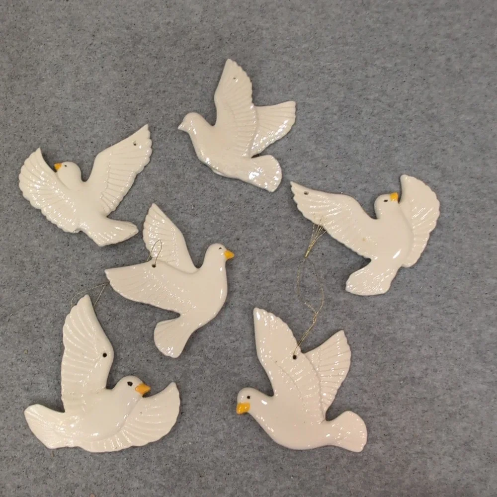 Handcrafted Ceramic White Dove Ornaments Set of 6 Glossy‎ Bird Decor